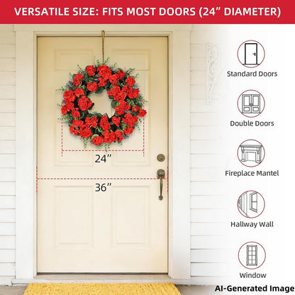 KuiMenYellow Artificial Geranium Wreath, 22 Inch Spring Summer Wreaths for Front Door with Blessed Hanging Sign, for Rustic Farmhouse Entryway Porch Balcony Decor