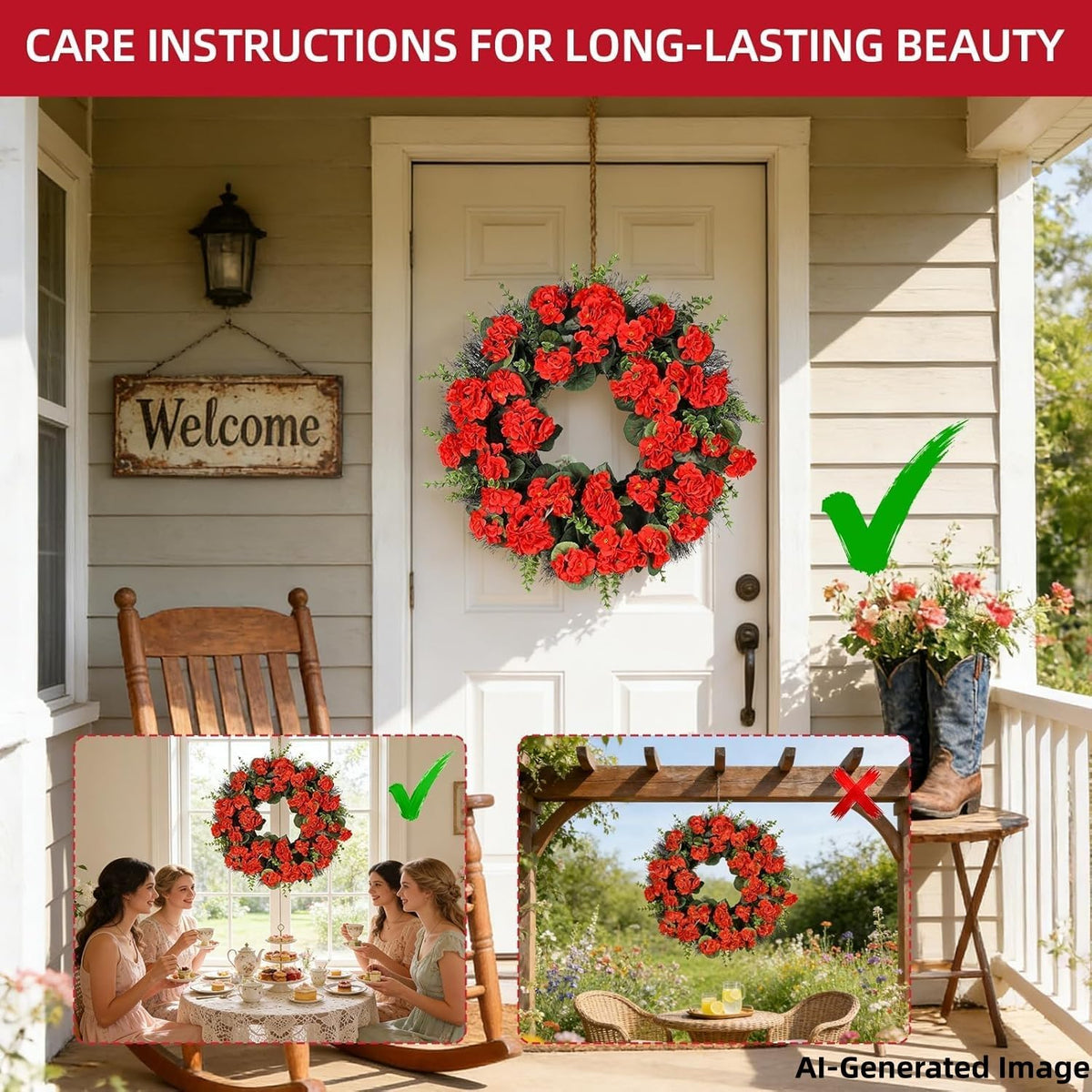 KuiMenYellow Artificial Geranium Wreath, 22 Inch Spring Summer Wreaths for Front Door with Blessed Hanging Sign, for Rustic Farmhouse Entryway Porch Balcony Decor