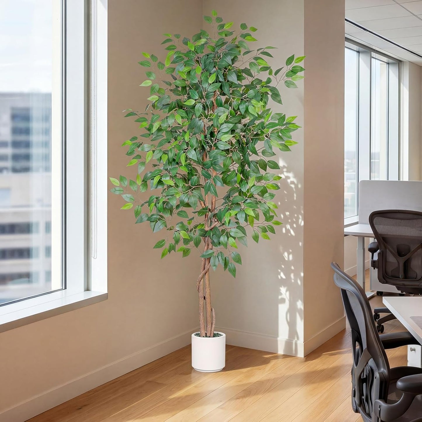 Artificial Ficus Tree 5FT Tall, Faux Ficus Tree Indoor Outdoor, Fake Silk Ficus Plant with Planter, Lifelike Leaves Large Potted Floor Tree for Home Office Living Room Porch Decor