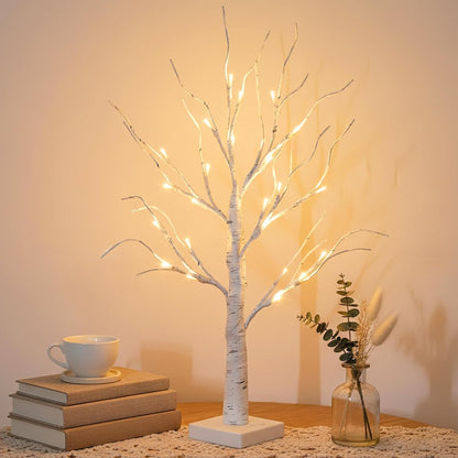 Lighted Birch Tree Christmas Decorations for Home, White Birch Tree with Lights, 24 LED Lighted Mini Money Tree Twig Tree Battery Operated with Timer, Indoor Table Centerpiece Decor (2FT)