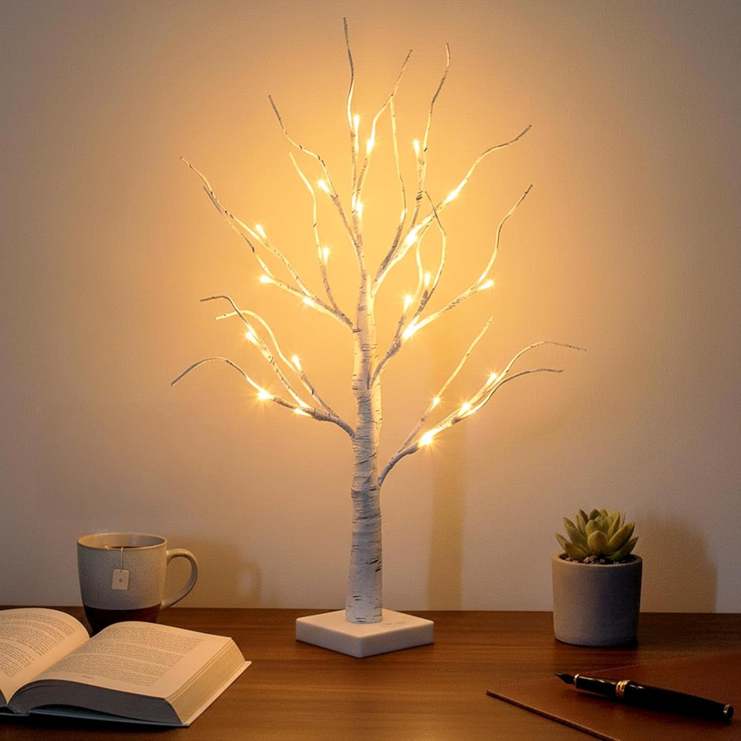 Lighted Birch Tree Christmas Decorations for Home, White Birch Tree with Lights, 24 LED Lighted Mini Money Tree Twig Tree Battery Operated with Timer, Indoor Table Centerpiece Decor (2FT)