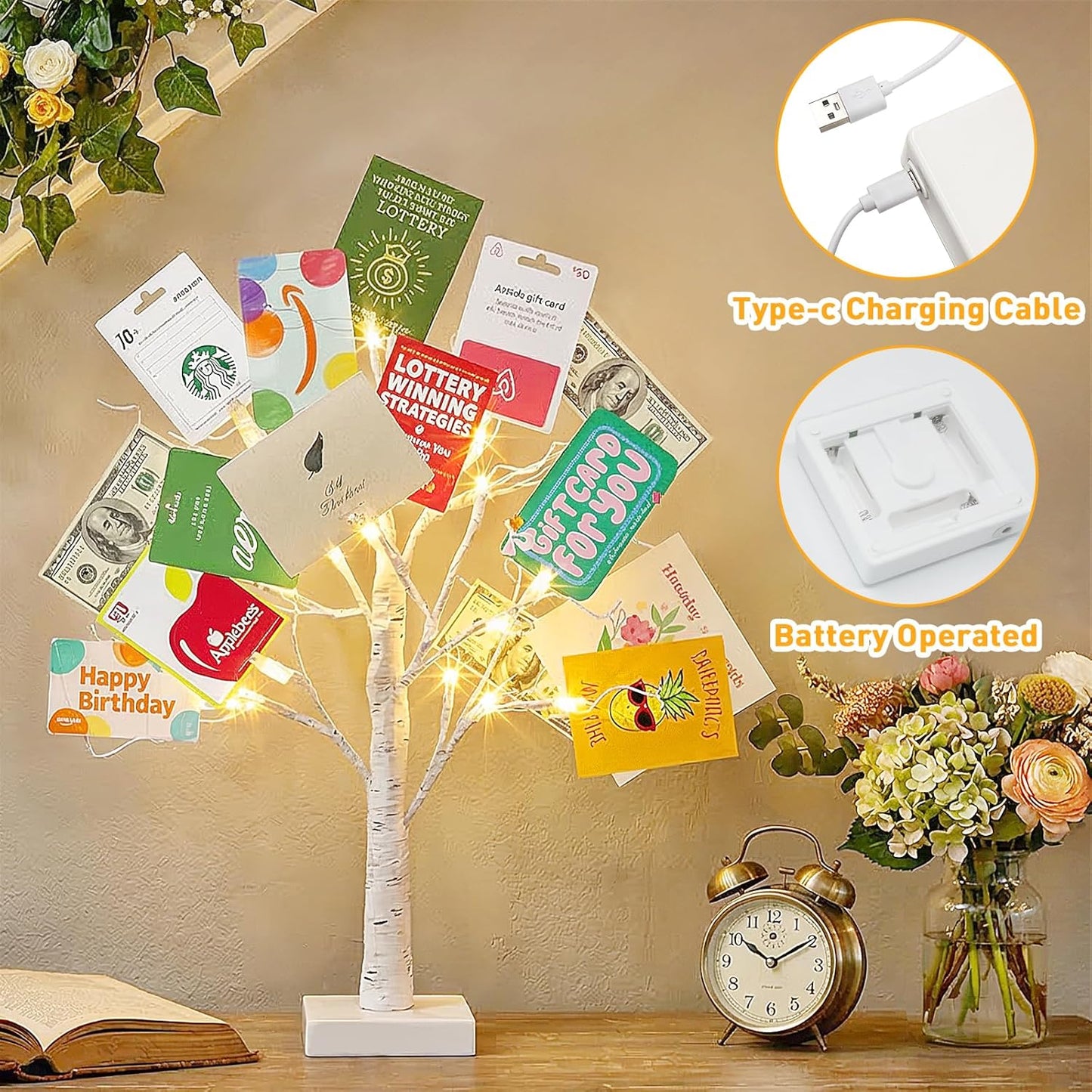 Lighted Birch Tree Christmas Decorations for Home, White Birch Tree with Lights, 24 LED Lighted Mini Money Tree Twig Tree Battery Operated with Timer, Indoor Table Centerpiece Decor (2FT)