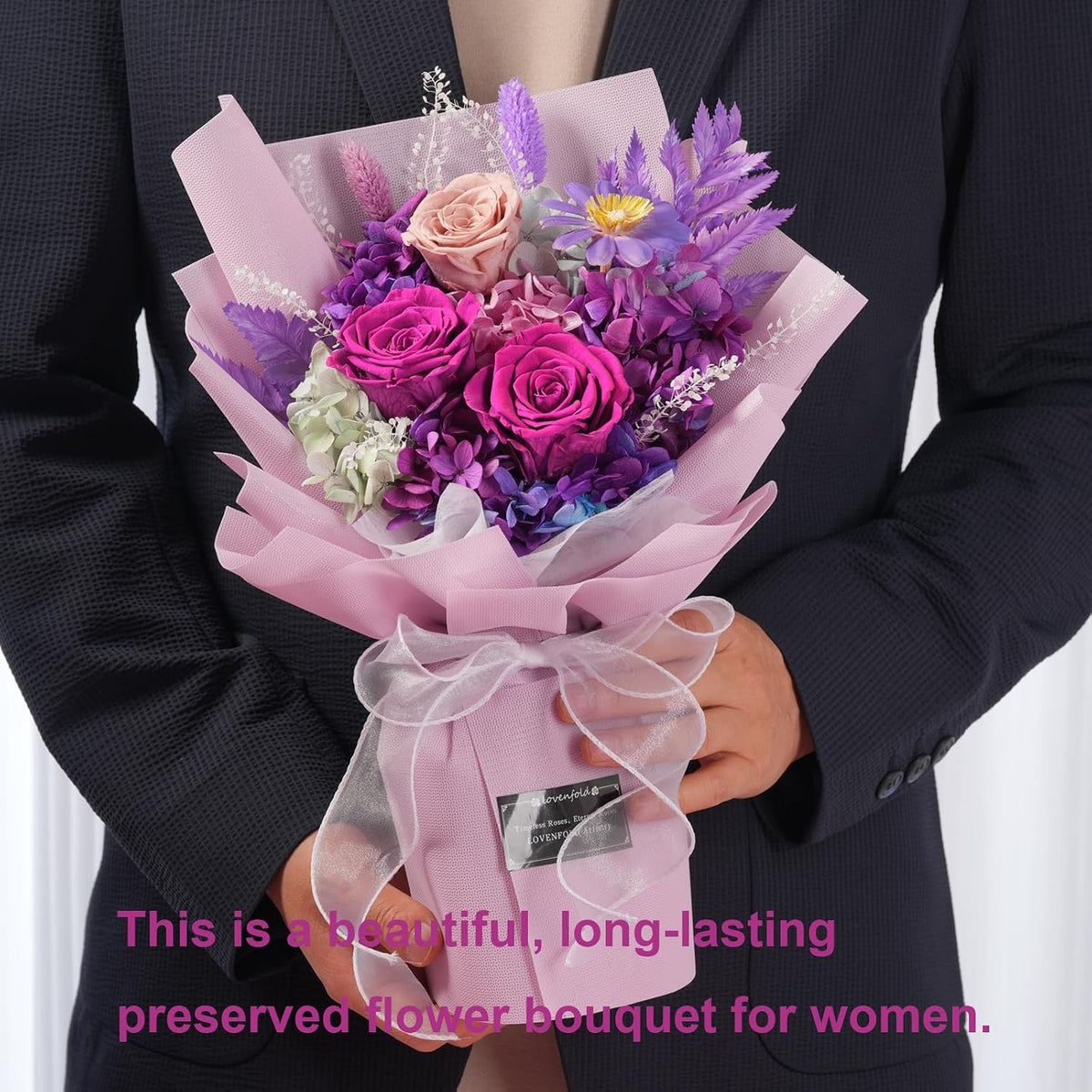 lovenfold Preserved Flowers for Delivery, Purple Rose Bouquets That Last 1-3 Years, Birthday Flowers Gifts for Women Mom Grandma Wife Friends