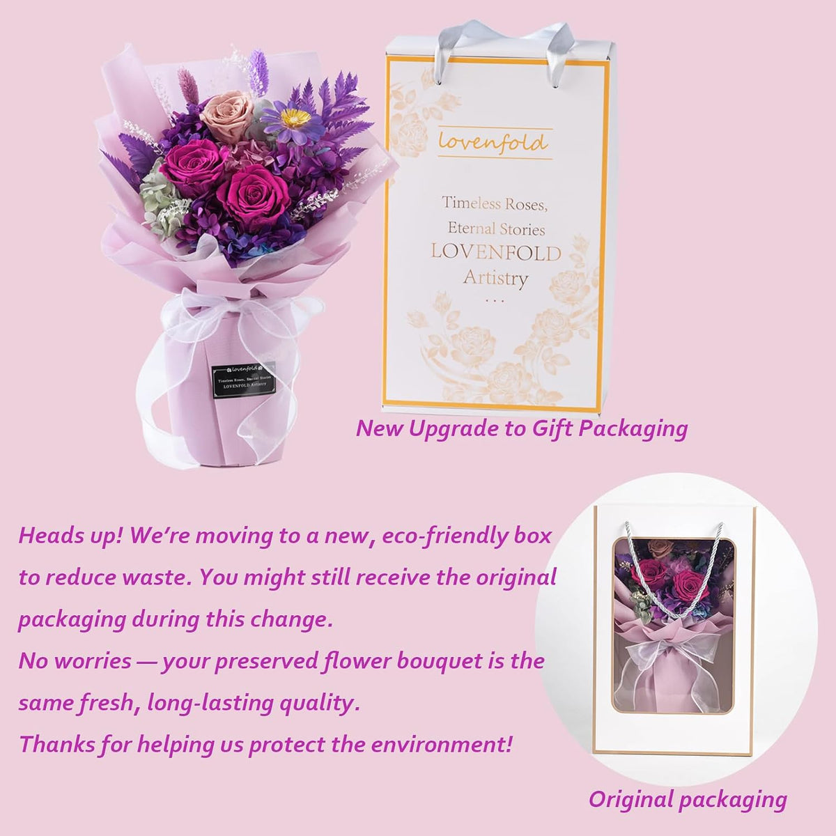 lovenfold Preserved Flowers for Delivery, Purple Rose Bouquets That Last 1-3 Years, Birthday Flowers Gifts for Women Mom Grandma Wife Friends