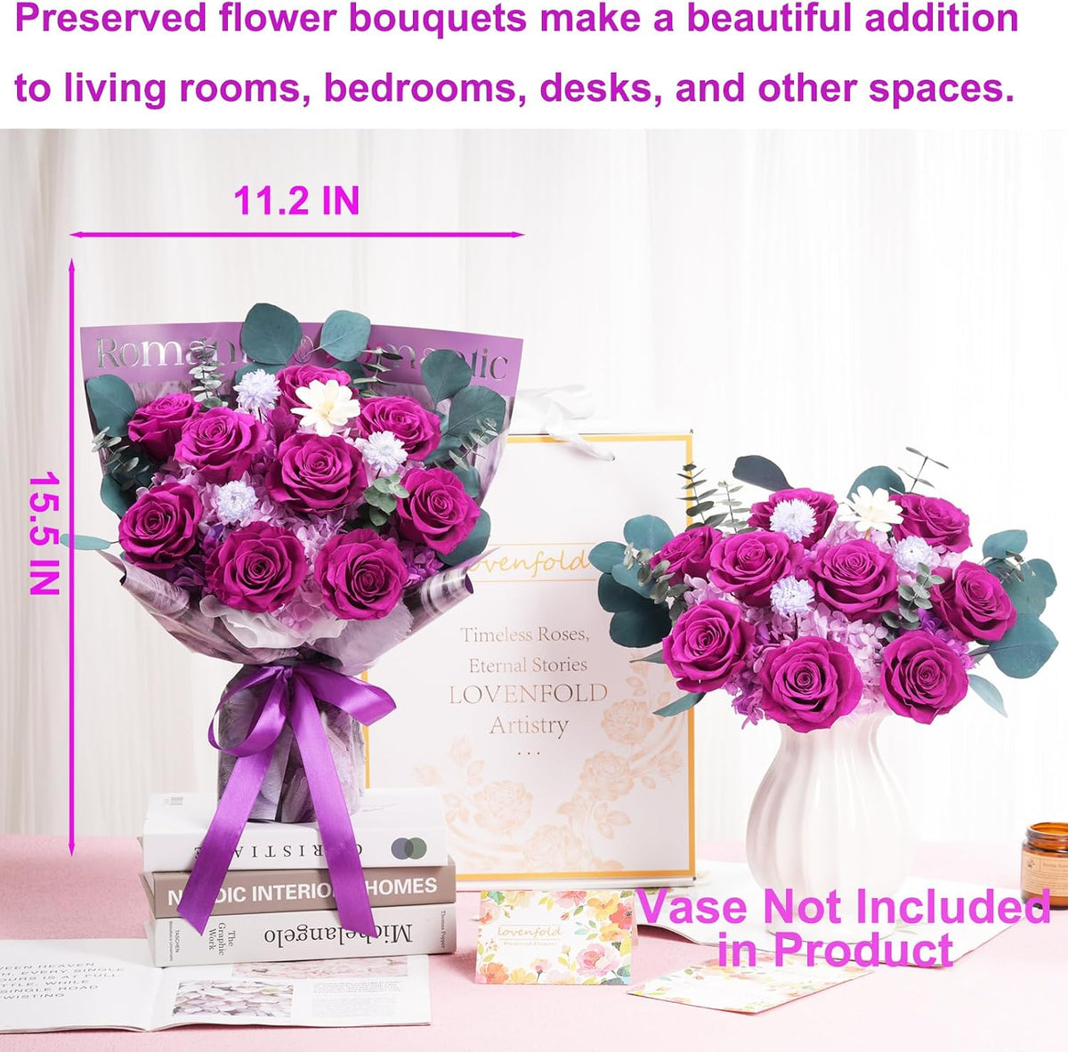 lovenfold Preserved Flowers for Delivery, Purple Rose Bouquets That Last 1-3 Years, Birthday Flowers Gifts for Women Mom Grandma Wife Friends