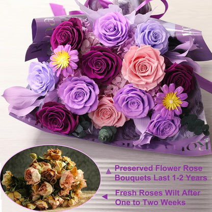 lovenfold Preserved Flowers for Delivery, Purple Rose Bouquets That Last 1-3 Years, Birthday Flowers Gifts for Women Mom Grandma Wife Friends