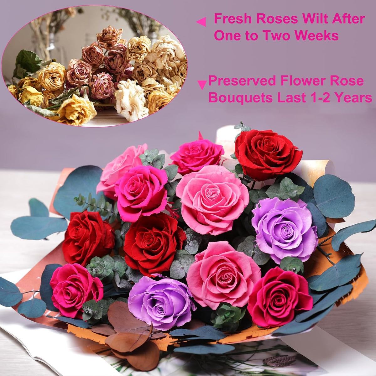 lovenfold Preserved Flowers for Delivery, Purple Rose Bouquets That Last 1-3 Years, Birthday Flowers Gifts for Women Mom Grandma Wife Friends