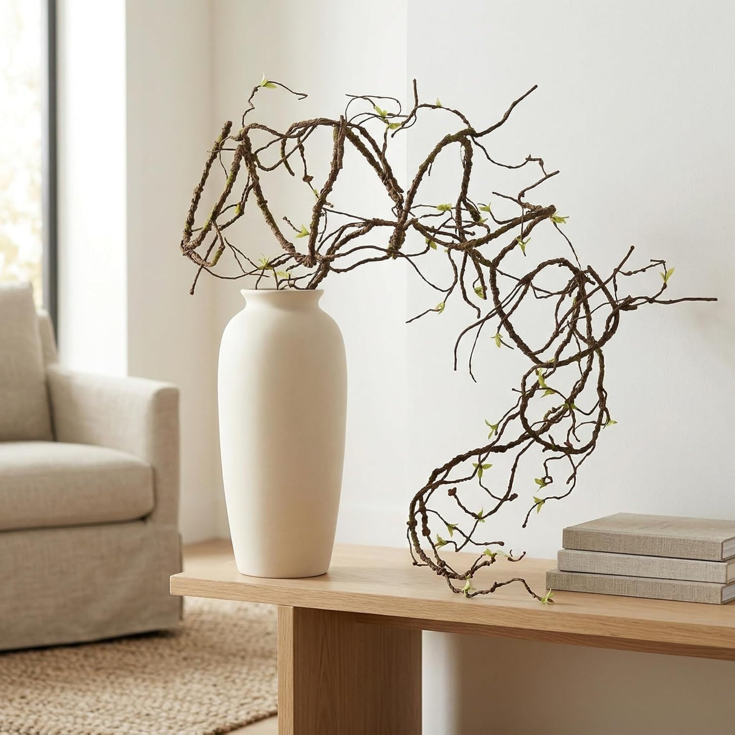 9FT Artificial Vine for Mantel Decor, Bendable Fake Tree Branches & Reptile Vines, Real Touch Faux Twigs with Green Buds for Spring Décor
