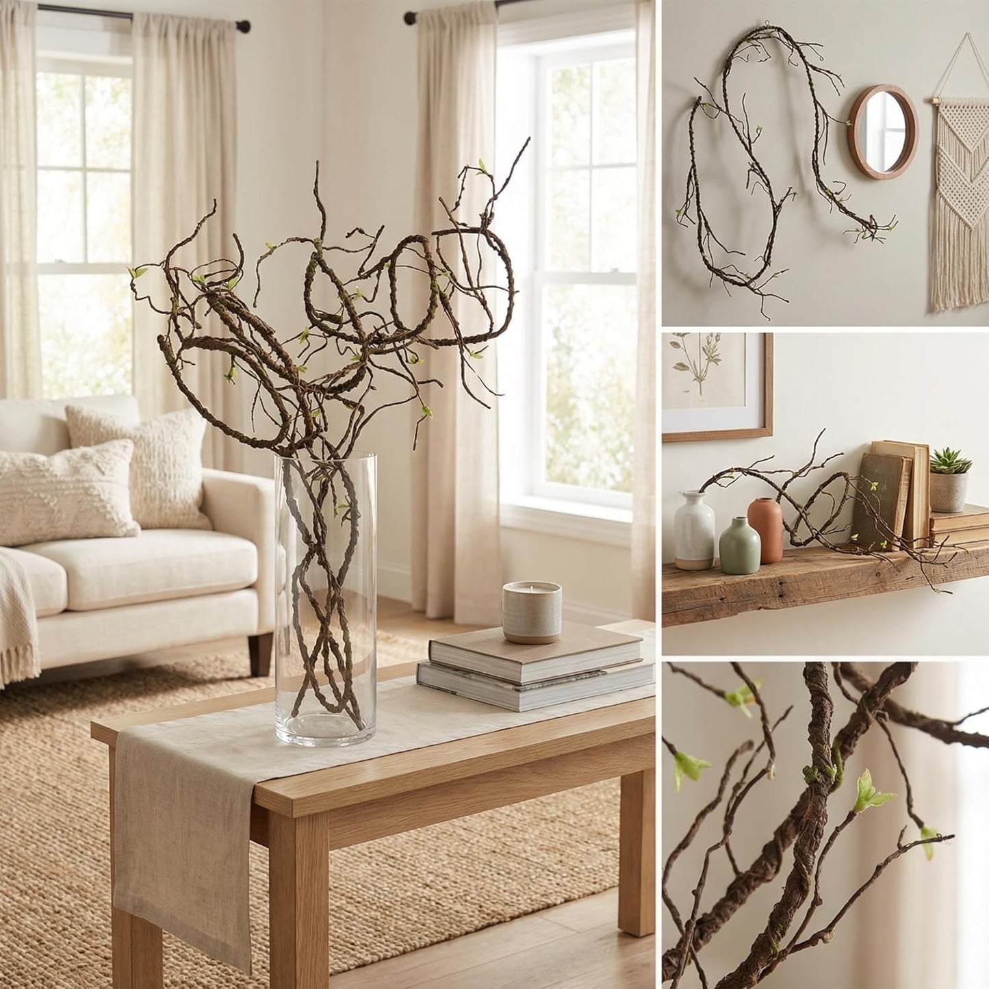 9FT Artificial Vine for Mantel Decor, Bendable Fake Tree Branches & Reptile Vines, Real Touch Faux Twigs with Green Buds for Spring Décor