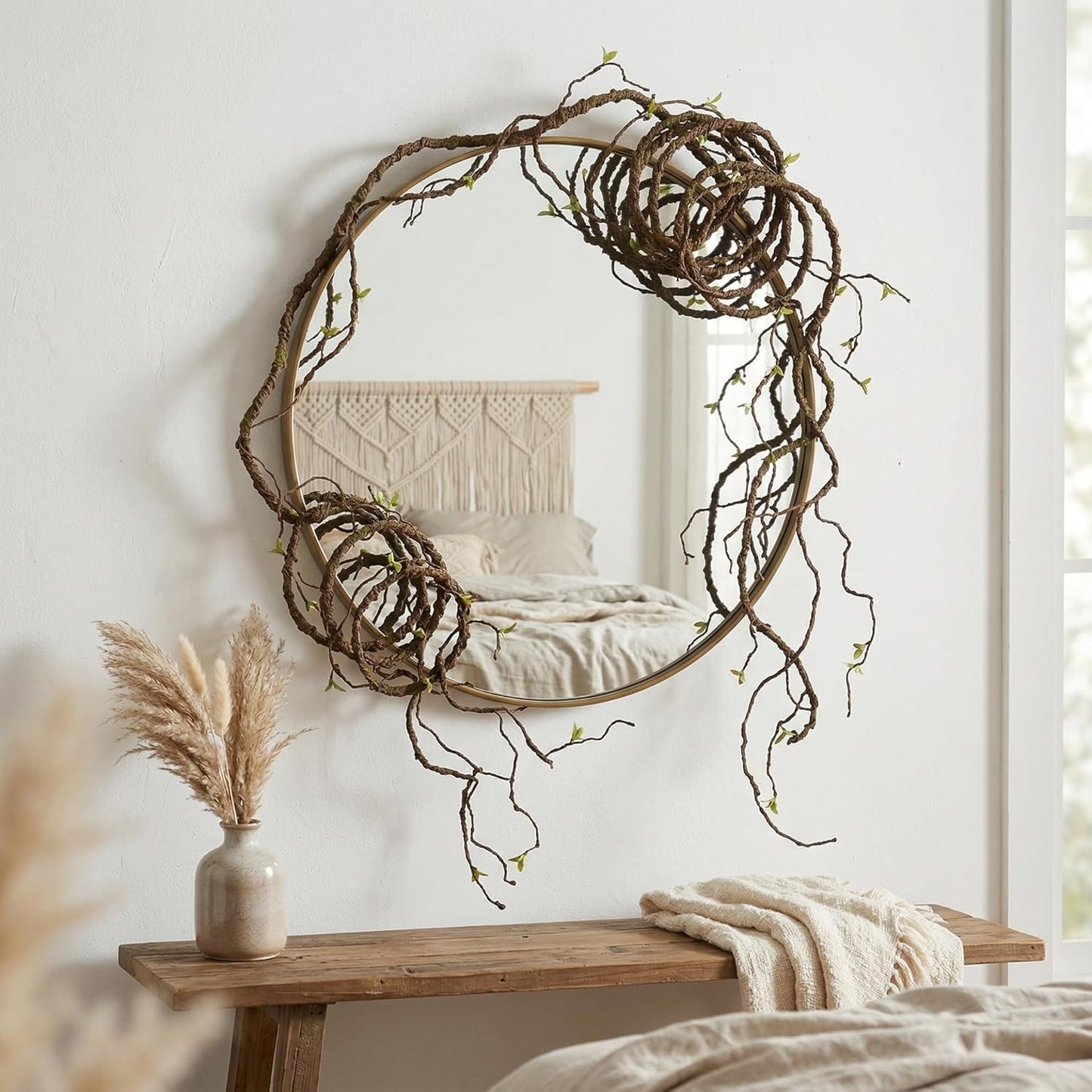 9FT Artificial Vine for Mantel Decor, Bendable Fake Tree Branches & Reptile Vines, Real Touch Faux Twigs with Green Buds for Spring Décor