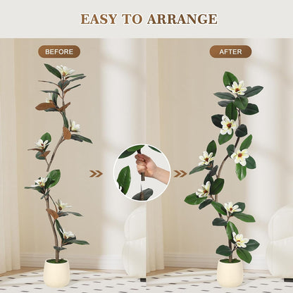 Rubber Tree 7 ft Artificial Tree in White Planter Pot, Faux Plants Indoor