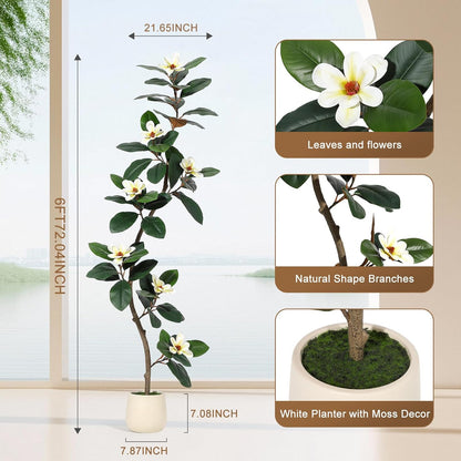 Rubber Tree 7 ft Artificial Tree in White Planter Pot, Faux Plants Indoor
