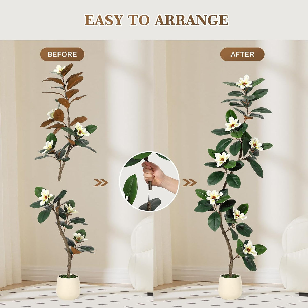 Rubber Tree 7 ft Artificial Tree in White Planter Pot, Faux Plants Indoor