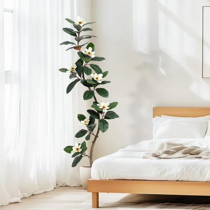 Rubber Tree 7 ft Artificial Tree in White Planter Pot, Faux Plants Indoor