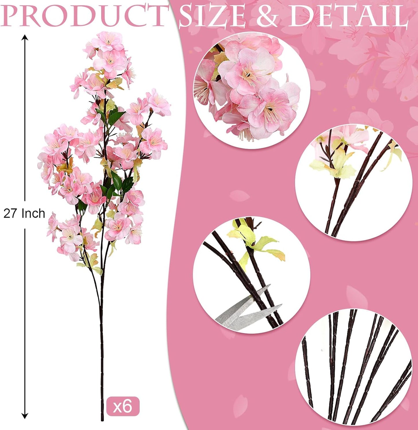 6Pcs Pink Artificial Cherry Blossom Branches for Home Decor, 27’’ | Faux Silk Long Stem Flowers for Summer Dining Wedding Party Decoration Indoor Table Centerpieces