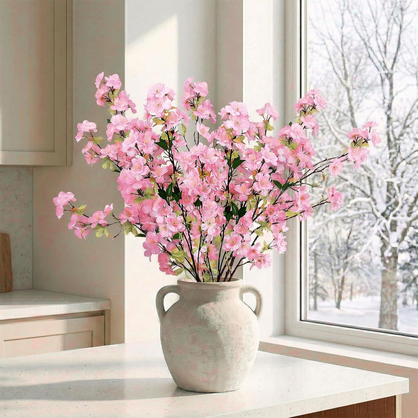 6Pcs Pink Artificial Cherry Blossom Branches for Home Decor, 27’’ | Faux Silk Long Stem Flowers for Summer Dining Wedding Party Decoration Indoor Table Centerpieces