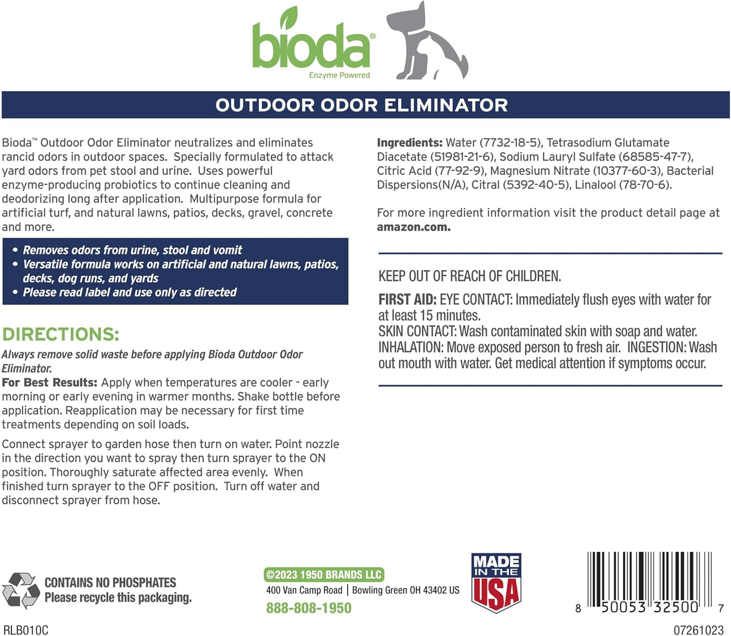 Probiotic Natural Outdoor Odor Eliminator, 1 gal Refill | Enzyme Cleaner Destroys Cat & Dog Odor, Neutralizer for Lawn, Artificial Grass, and Patios