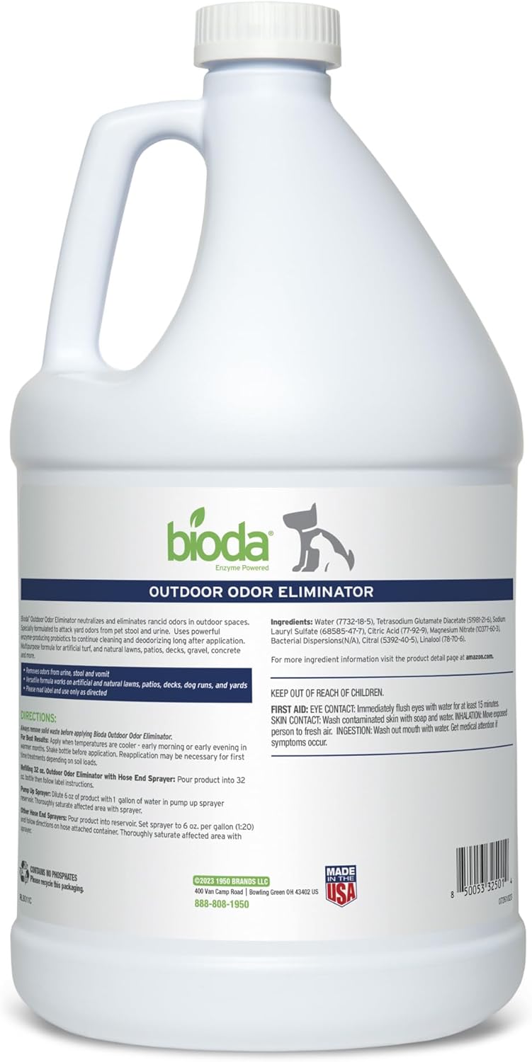 Probiotic Natural Outdoor Odor Eliminator, 1 gal Refill | Enzyme Cleaner Destroys Cat & Dog Odor, Neutralizer for Lawn, Artificial Grass, and Patios