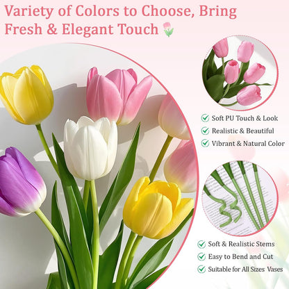 12 Pcs White Tulips Artificial Flowers Real Touch Tulips Fake Faux Tulip Flower Bouquet for Arrangement Wedding Spring Home Decor Floral Party Centerpiece 14 Inch