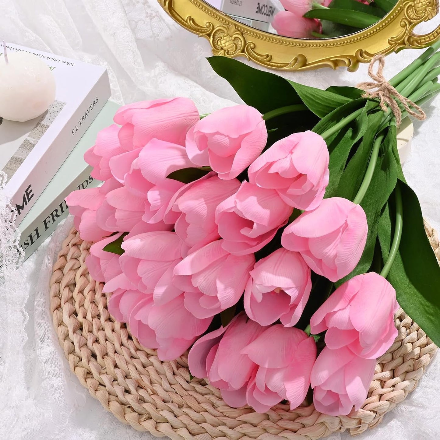 12 Pcs White Tulips Artificial Flowers Real Touch Tulips Fake Faux Tulip Flower Bouquet for Arrangement Wedding Spring Home Decor Floral Party Centerpiece 14 Inch