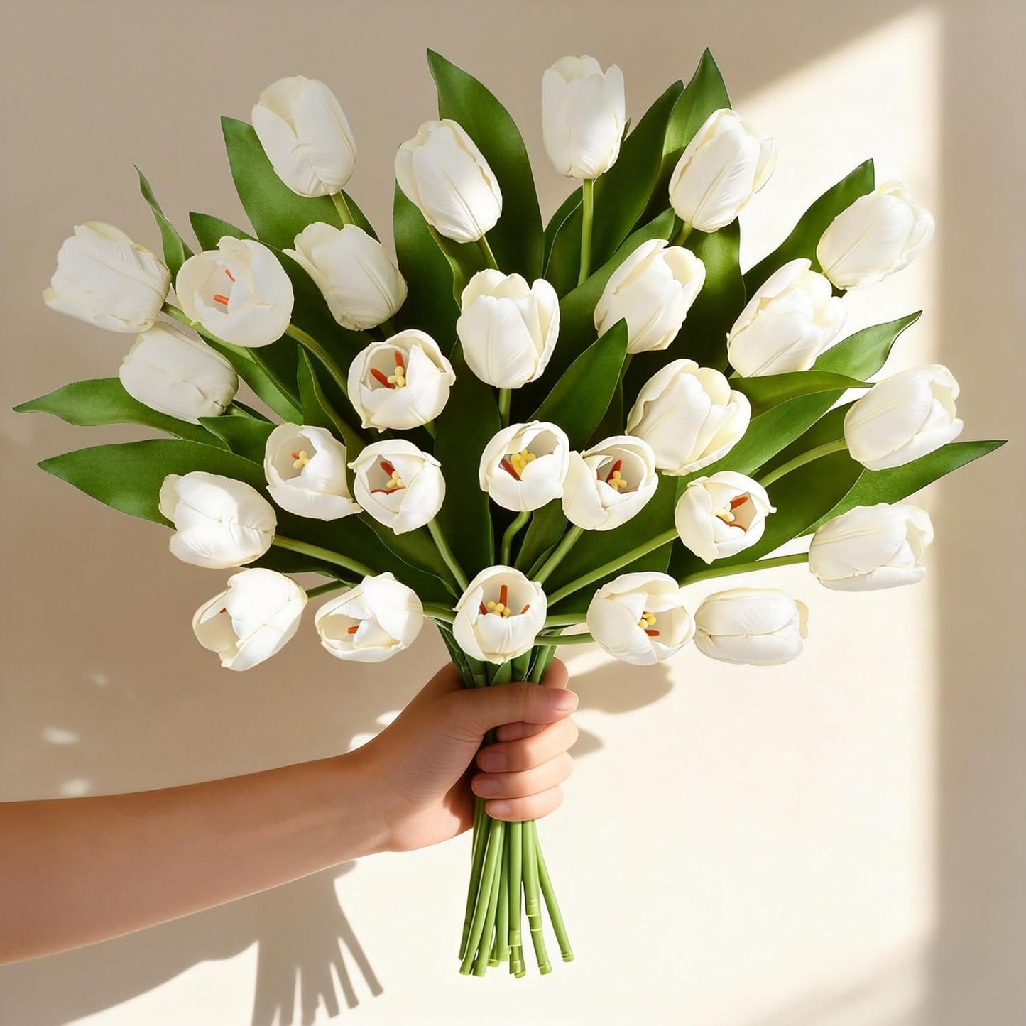 12 Pcs White Tulips Artificial Flowers Real Touch Tulips Fake Faux Tulip Flower Bouquet for Arrangement Wedding Spring Home Decor Floral Party Centerpiece 14 Inch