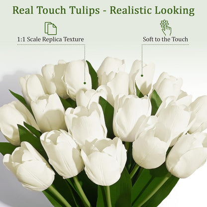 12 Pcs White Tulips Artificial Flowers Real Touch Tulips Fake Faux Tulip Flower Bouquet for Arrangement Wedding Spring Home Decor Floral Party Centerpiece 14 Inch
