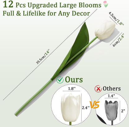 12 Pcs White Tulips Artificial Flowers Real Touch Tulips Fake Faux Tulip Flower Bouquet for Arrangement Wedding Spring Home Decor Floral Party Centerpiece 14 Inch