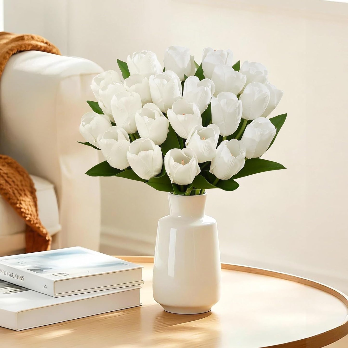 12 Pcs White Tulips Artificial Flowers Real Touch Tulips Fake Faux Tulip Flower Bouquet for Arrangement Wedding Spring Home Decor Floral Party Centerpiece 14 Inch