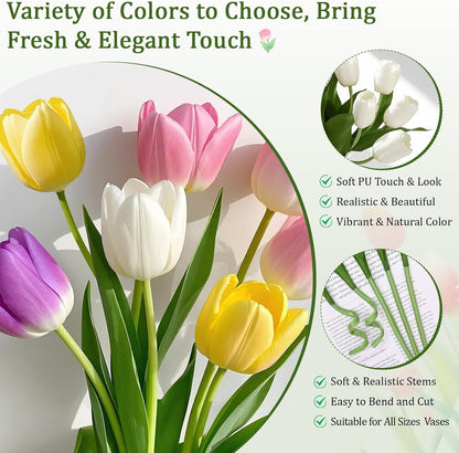 12 Pcs White Tulips Artificial Flowers Real Touch Tulips Fake Faux Tulip Flower Bouquet for Arrangement Wedding Spring Home Decor Floral Party Centerpiece 14 Inch