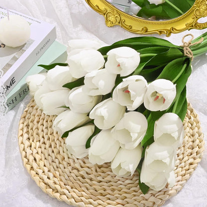 12 Pcs White Tulips Artificial Flowers Real Touch Tulips Fake Faux Tulip Flower Bouquet for Arrangement Wedding Spring Home Decor Floral Party Centerpiece 14 Inch