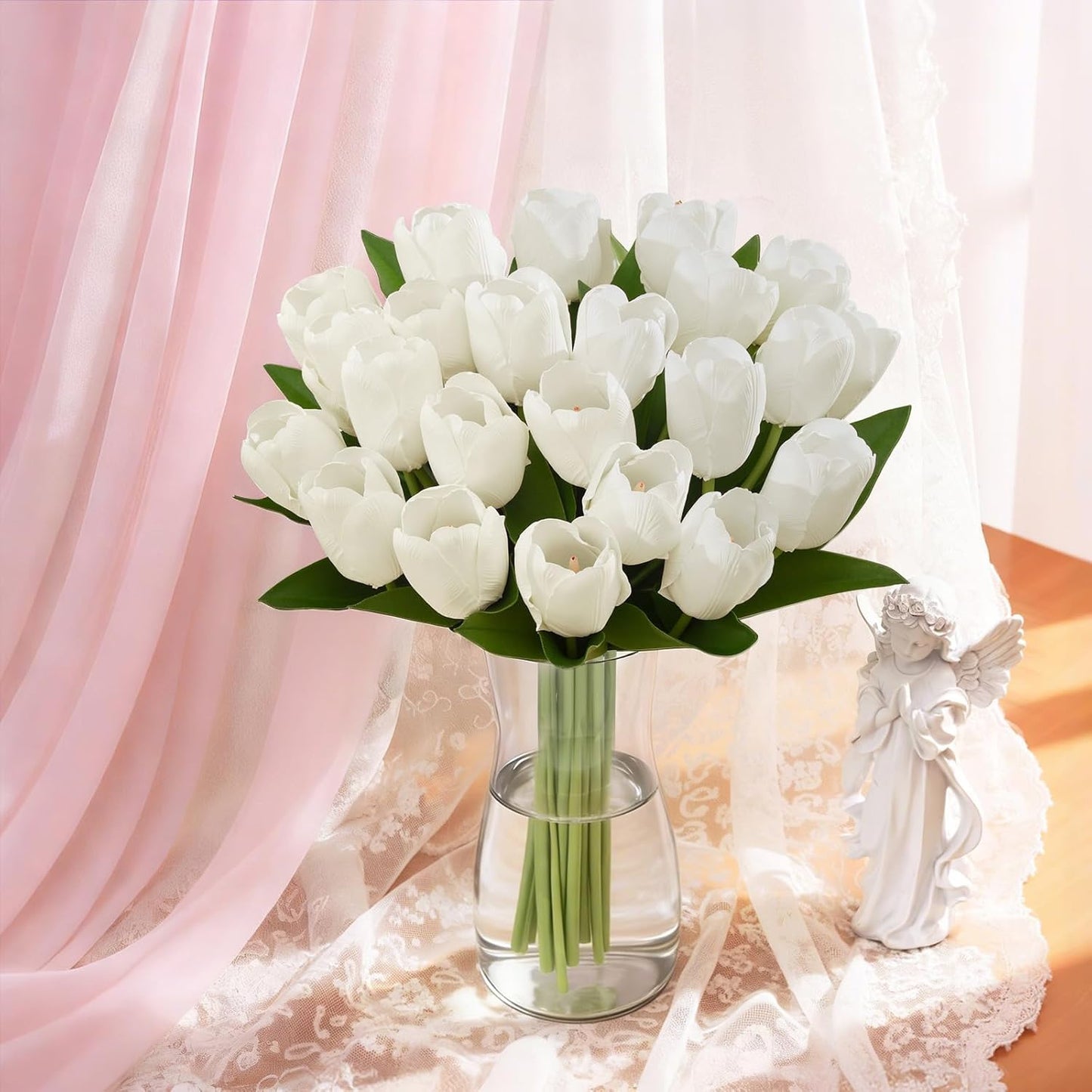 12 Pcs White Tulips Artificial Flowers Real Touch Tulips Fake Faux Tulip Flower Bouquet for Arrangement Wedding Spring Home Decor Floral Party Centerpiece 14 Inch