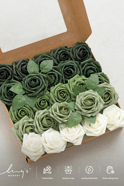 Artificial Flowers, 3" Roses in Emerald Green Shades