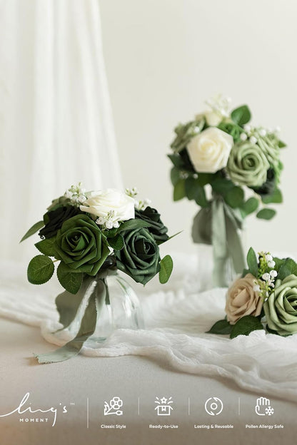Artificial Flowers, 3" Roses in Emerald Green Shades