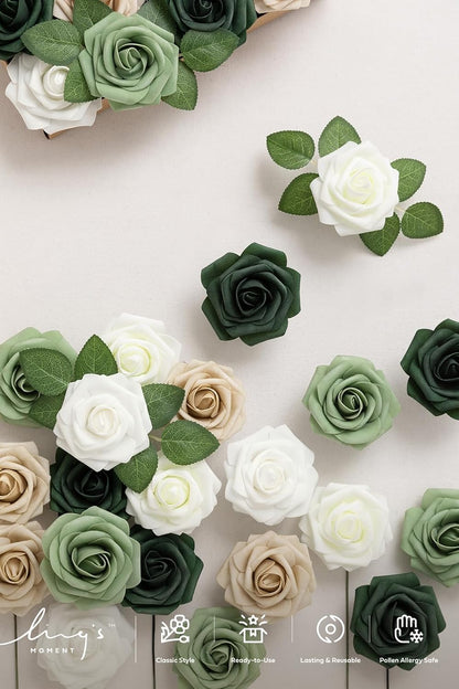 Artificial Flowers, 3" Roses in Emerald Green Shades