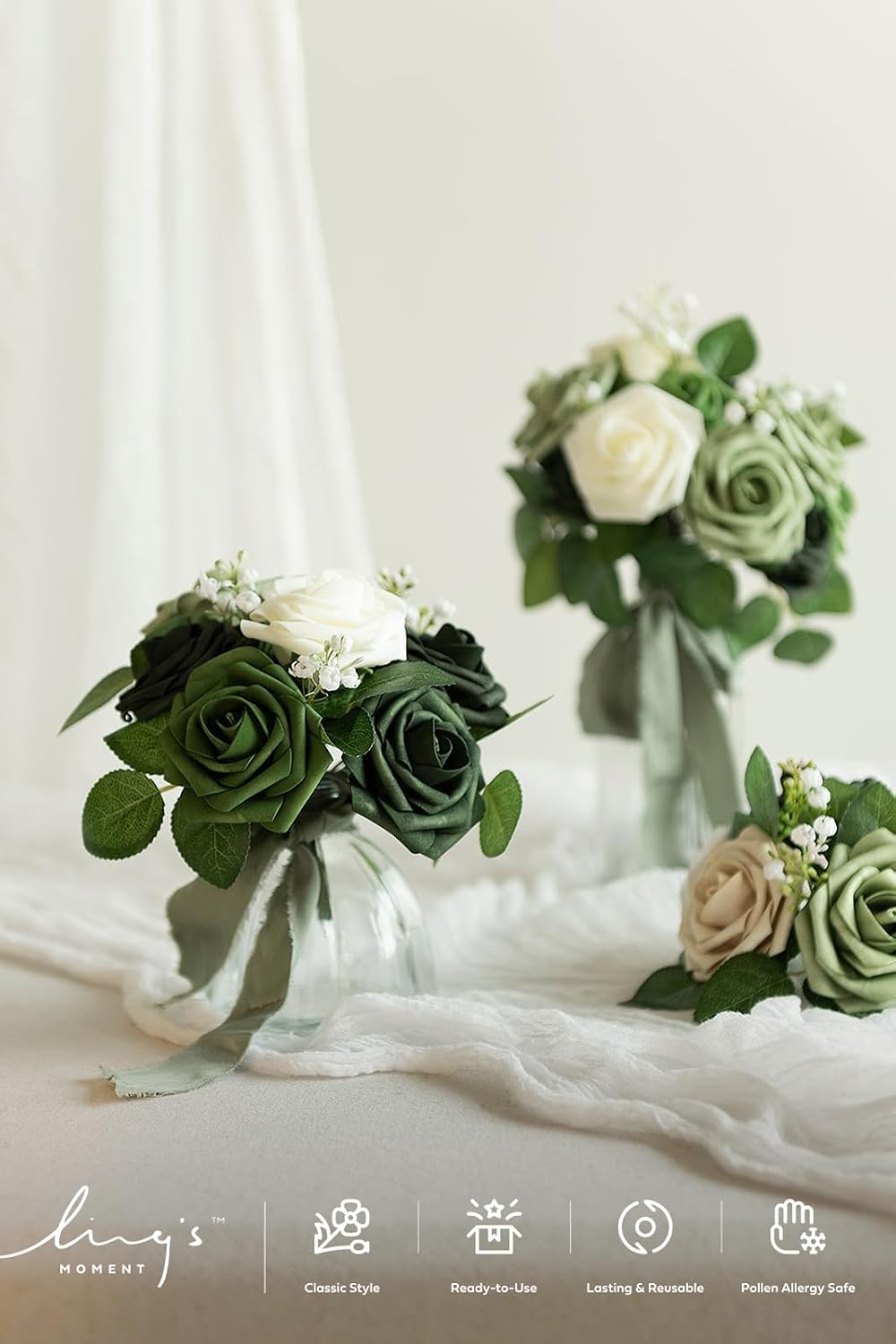 Artificial Flowers, 3" Roses in Emerald Green Shades