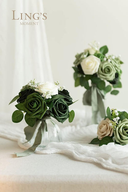 Artificial Flowers, 3" Roses in Emerald Green Shades