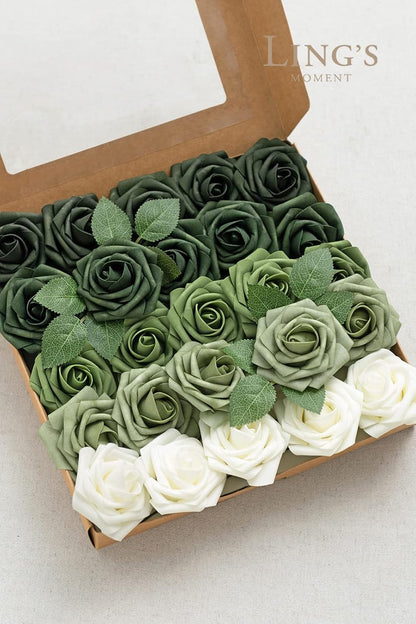Artificial Flowers, 3" Roses in Emerald Green Shades