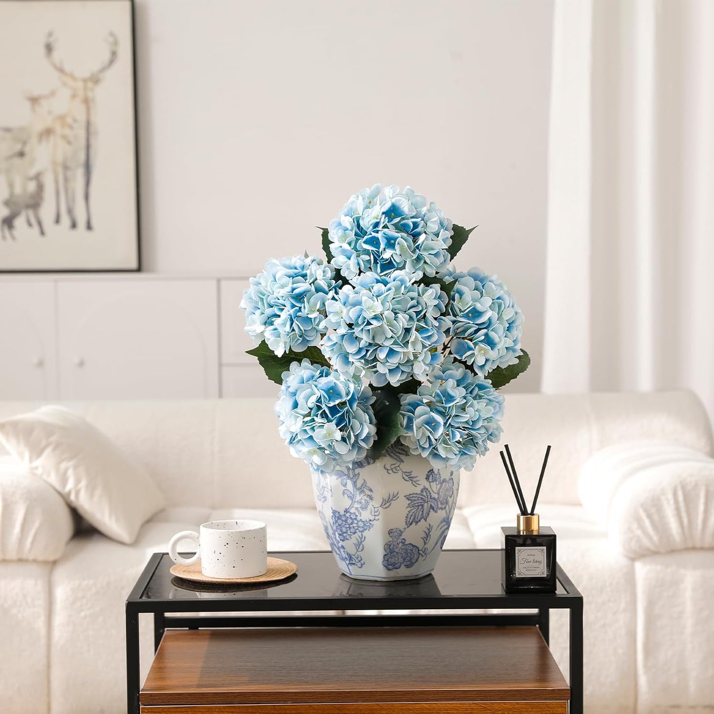 6PCS Realistic Artificial Silk Hydrangea Flowers – Premium Fake Hydrangea Flowers Bouquets with Stems, Full Faux Hydrangea Blooms for Home Wedding Table Party Office Decorations(Light Green)