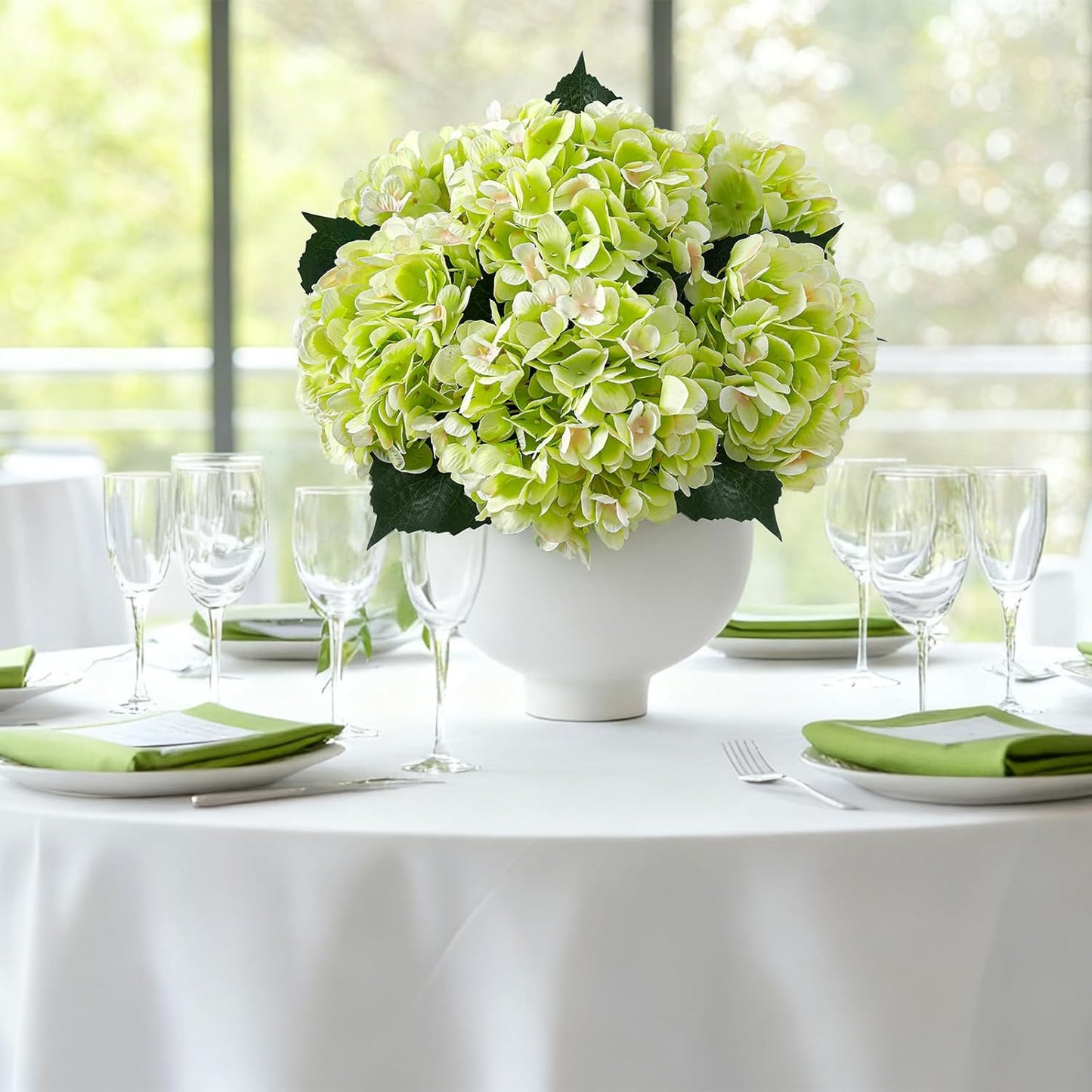 6PCS Realistic Artificial Silk Hydrangea Flowers – Premium Fake Hydrangea Flowers Bouquets with Stems, Full Faux Hydrangea Blooms for Home Wedding Table Party Office Decorations(Light Green)