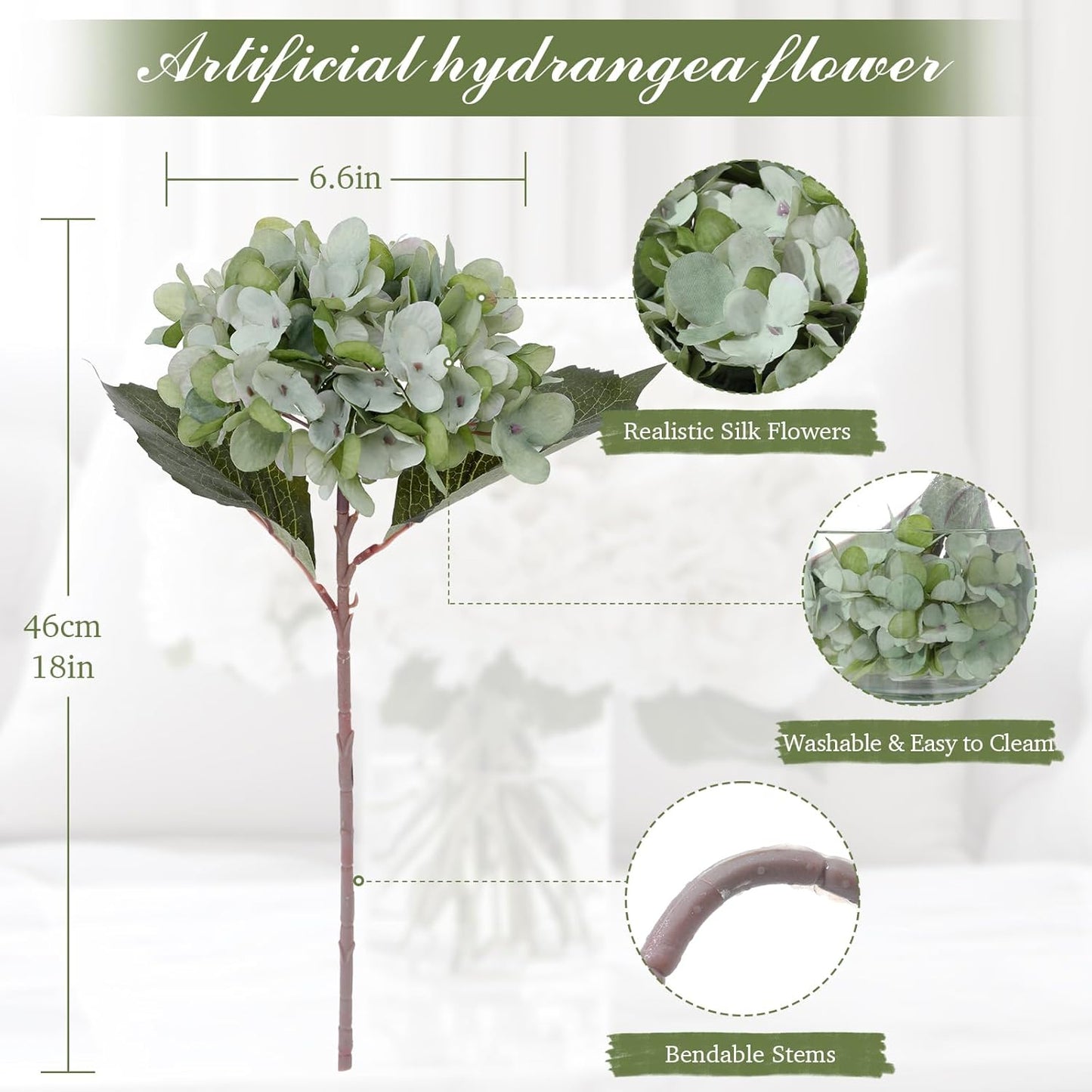 6PCS Realistic Artificial Silk Hydrangea Flowers – Premium Fake Hydrangea Flowers Bouquets with Stems, Full Faux Hydrangea Blooms for Home Wedding Table Party Office Decorations(Light Green)