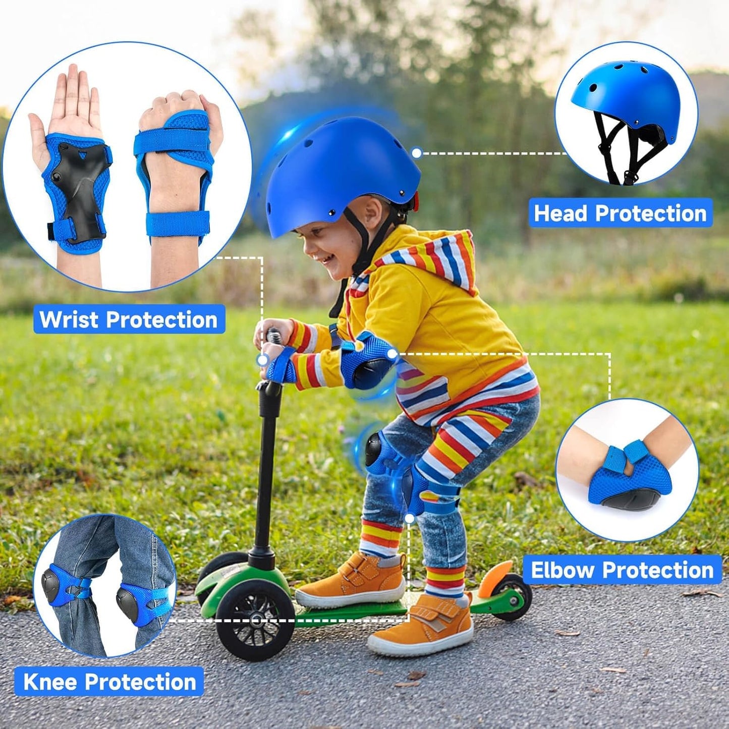 Kids Bike Helmet and Pads Set - Helmet with Knee Pads Elbow Pads Wrist Guards, CPSC Certified Adjustable Protective Gear for Girls Boys, for Bicycle Skate Scooter Skateboarding