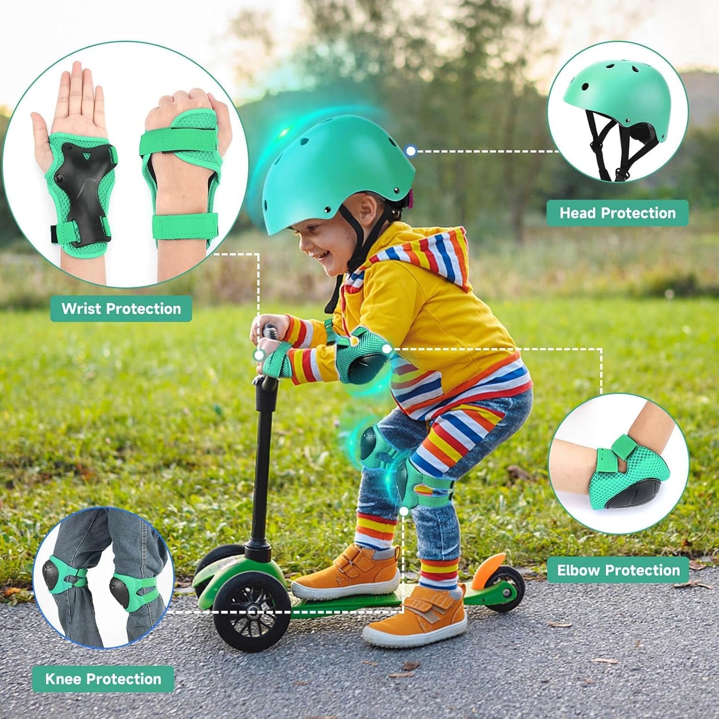 Kids Bike Helmet and Pads Set - Helmet with Knee Pads Elbow Pads Wrist Guards, CPSC Certified Adjustable Protective Gear for Girls Boys, for Bicycle Skate Scooter Skateboarding