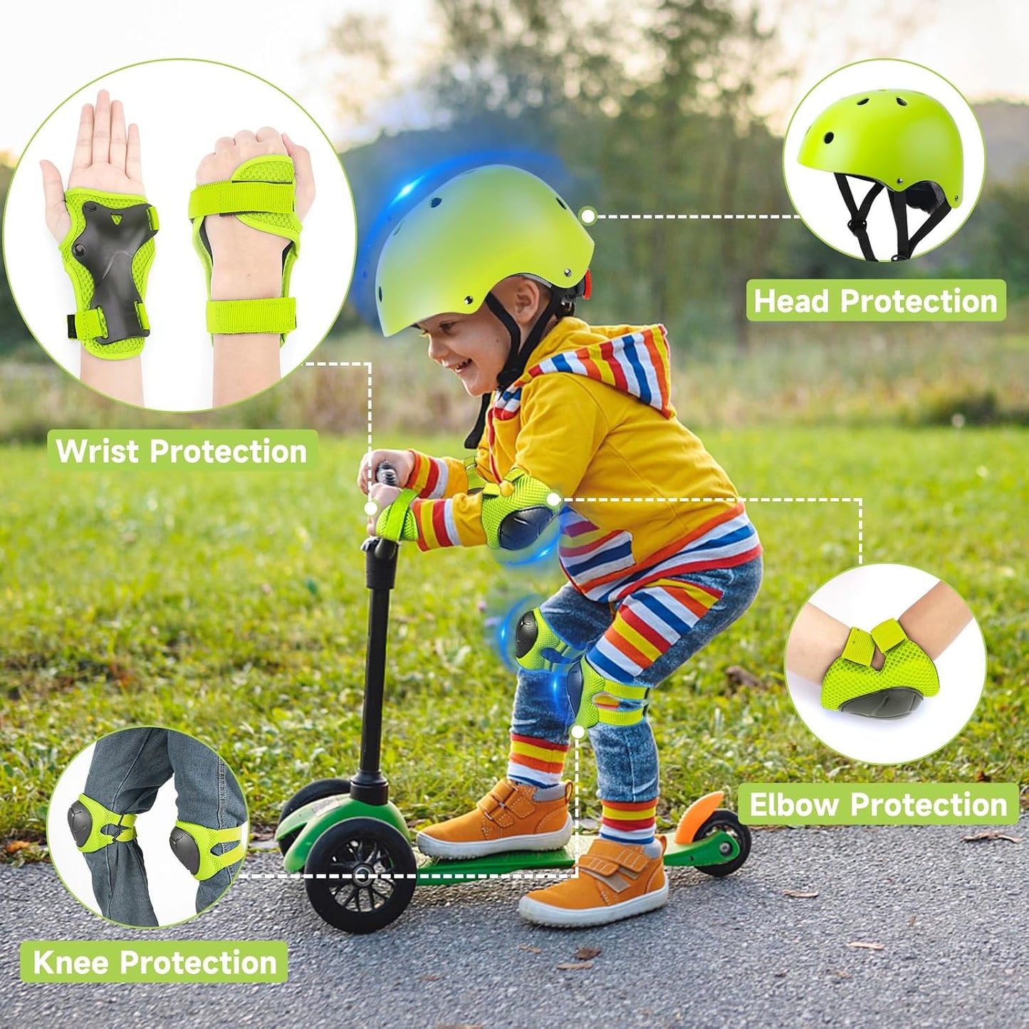 Kids Bike Helmet and Pads Set - Helmet with Knee Pads Elbow Pads Wrist Guards, CPSC Certified Adjustable Protective Gear for Girls Boys, for Bicycle Skate Scooter Skateboarding