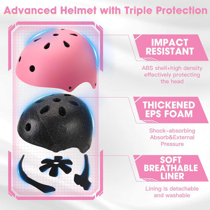 Kids Bike Helmet and Pads Set - Helmet with Knee Pads Elbow Pads Wrist Guards, CPSC Certified Adjustable Protective Gear for Girls Boys, for Bicycle Skate Scooter Skateboarding