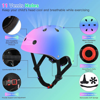Kids Bike Helmet and Pads Set - Helmet with Knee Pads Elbow Pads Wrist Guards, CPSC Certified Adjustable Protective Gear for Girls Boys, for Bicycle Skate Scooter Skateboarding