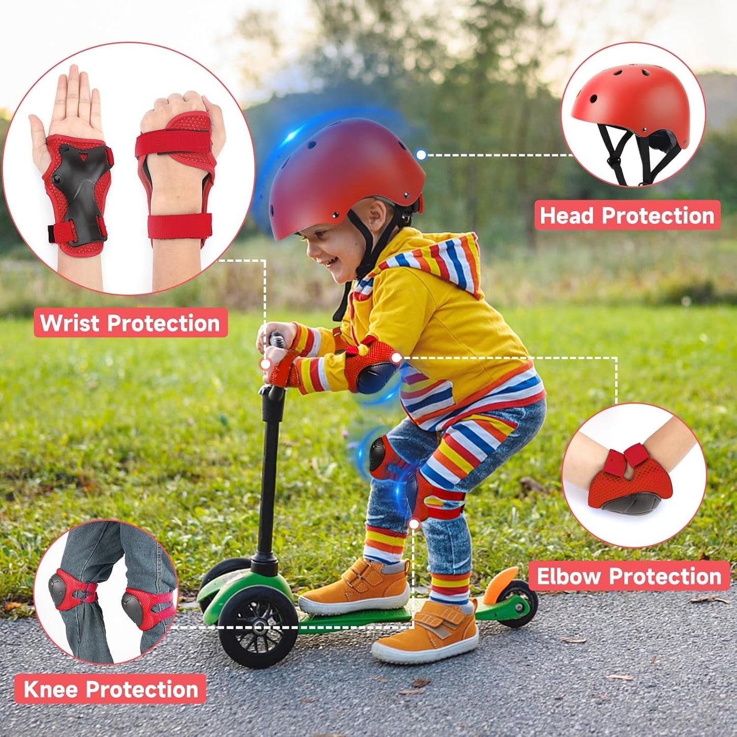 Kids Bike Helmet and Pads Set - Helmet with Knee Pads Elbow Pads Wrist Guards, CPSC Certified Adjustable Protective Gear for Girls Boys, for Bicycle Skate Scooter Skateboarding