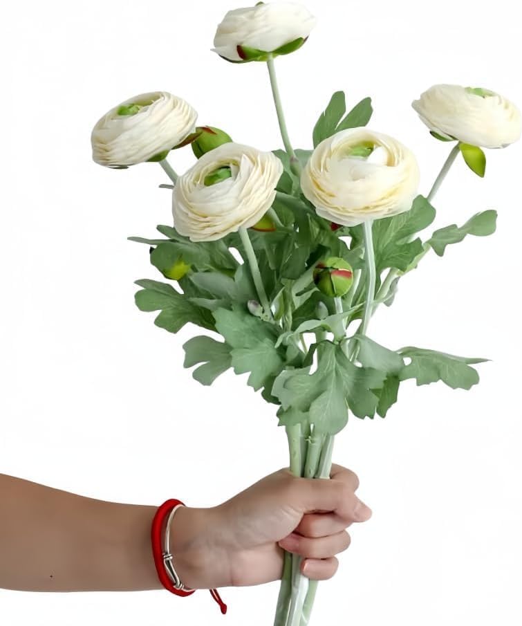 5Pcs 19.6" Artificial Ranunculus Flowers Real Touch Stem Ranunculus Artificial Flower Silk Flower for Arrangements Centerpiece Table Home Wedding Bouquet Party (White)