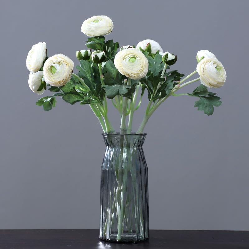 5Pcs 19.6" Artificial Ranunculus Flowers Real Touch Stem Ranunculus Artificial Flower Silk Flower for Arrangements Centerpiece Table Home Wedding Bouquet Party (White)