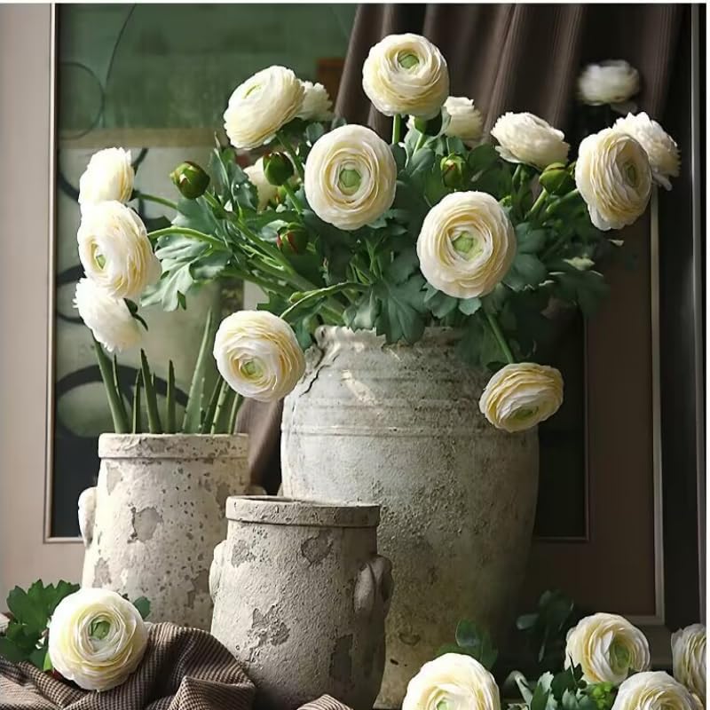 5Pcs 19.6" Artificial Ranunculus Flowers Real Touch Stem Ranunculus Artificial Flower Silk Flower for Arrangements Centerpiece Table Home Wedding Bouquet Party (White)