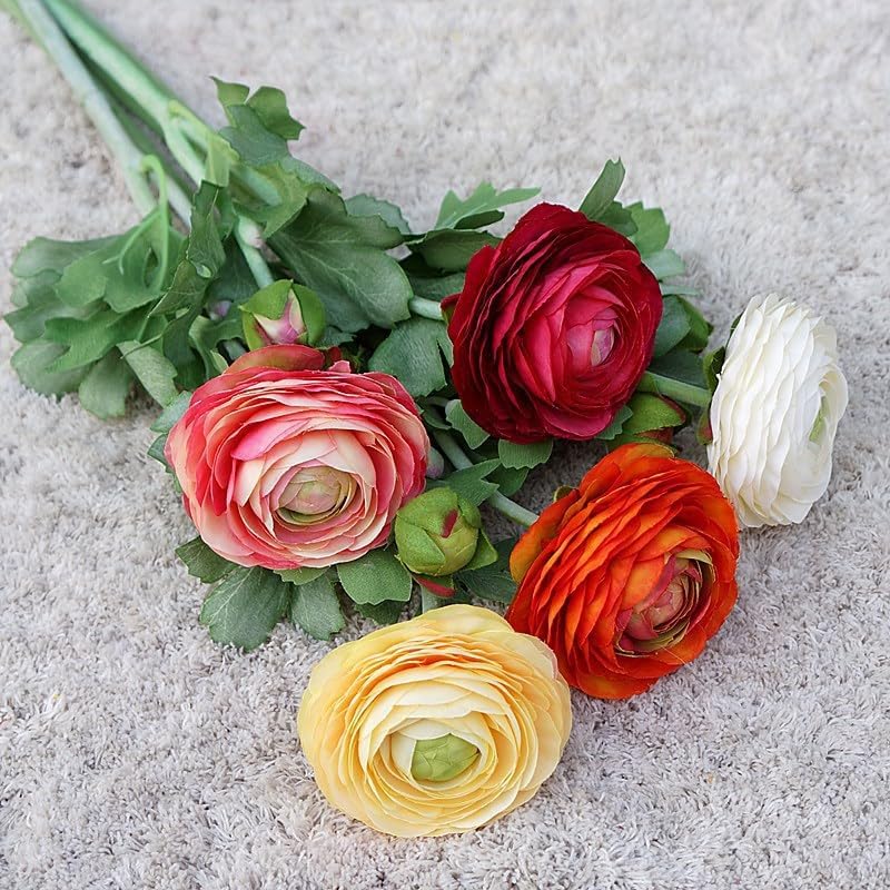 5Pcs 19.6" Artificial Ranunculus Flowers Real Touch Stem Ranunculus Artificial Flower Silk Flower for Arrangements Centerpiece Table Home Wedding Bouquet Party (White)